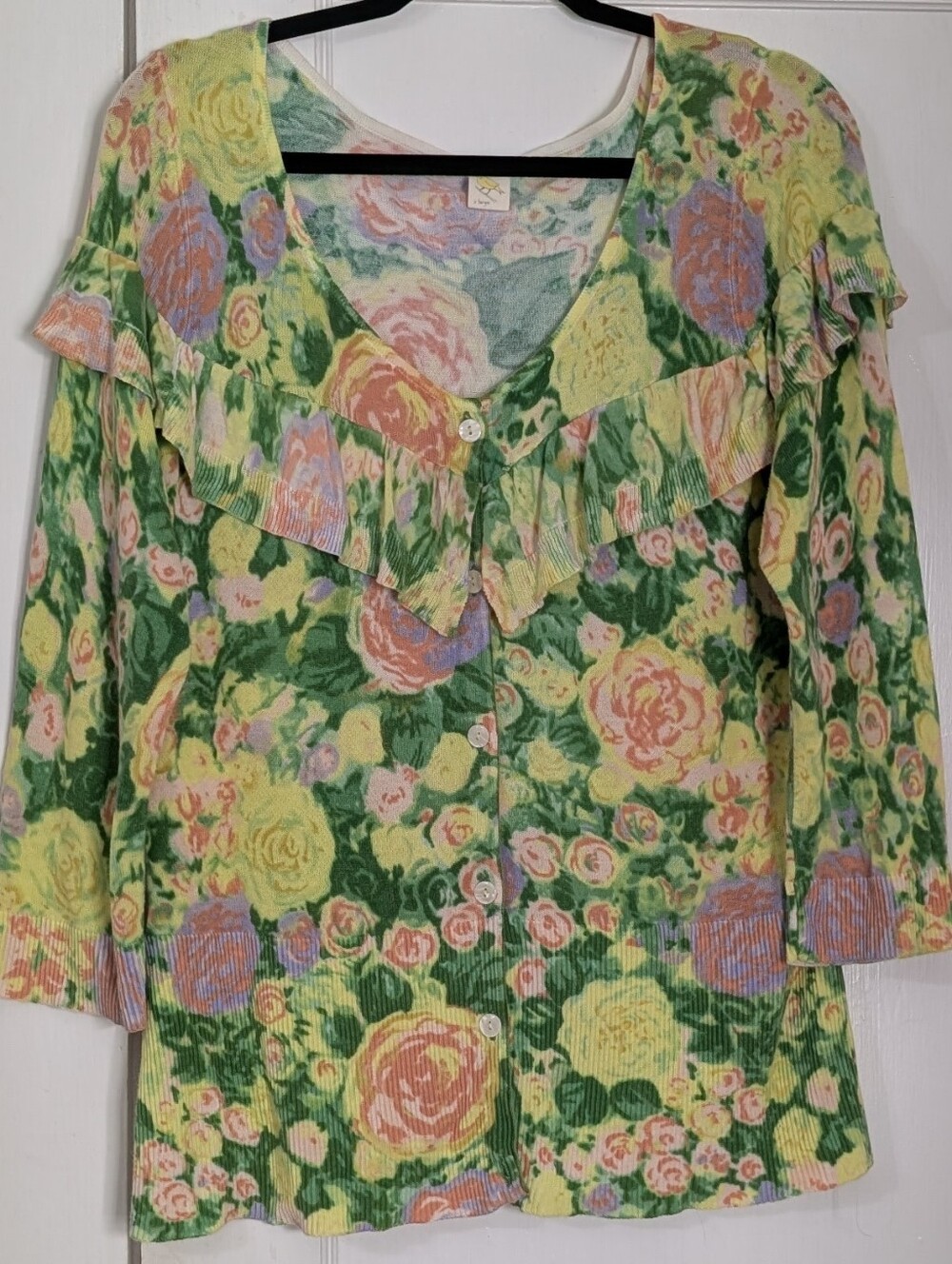 Anthropologie Yellow Bird Floral Knit Cardigan Sweater Women's XL Ruffle Top